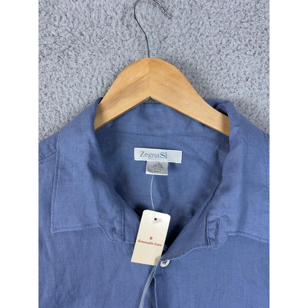 Ermenegildo Zegna Sport Shirt Mens 2XL Blue Linen Short Sleeve Button Casual New